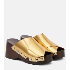 Ganni Metallic Leather Clog Gold‎ Retro Stud Platform Mules Sz 36 / 6 US